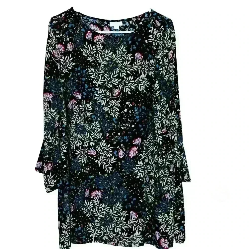 J Jill Tunic sz L Scoop Neck 3/4 Raglan Sleeve Flowy Floral Fairy Grunge Black